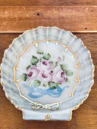 Vintage Light Pink Slag Glass Seashell With Painted Pink Roses Blue Ribbon & Gil