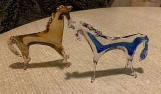 Two Vintage Murano Glass Horses Sommerso Blue Black Brown