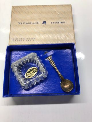 Westmoreland Salt Cellar W/ Spoon Sterling Silver & Crystal Glass Box