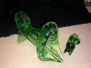 Murano Italy Seguso Green Art Glass Cornucopia Vase - Horn Of Plenty & Rabbit