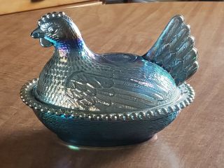 Vintage Carnival Iridescent Blue Indiana Glass Nesting Chicken Hen Candy Dish