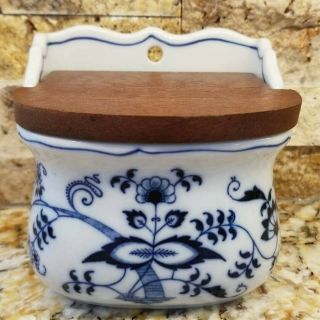 Vintage Blue Danube Porcelain Wall Mount Salt Box With Wood Lid Great Shape