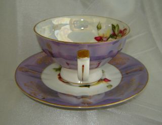 ROYAL HALSEY Periwinkle Blue/Gold Floral Pattern Lusterware Tea Cup & Saucer Set 3