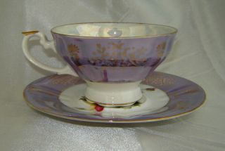 ROYAL HALSEY Periwinkle Blue/Gold Floral Pattern Lusterware Tea Cup & Saucer Set 4