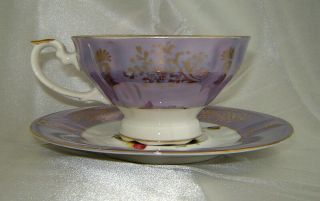 ROYAL HALSEY Periwinkle Blue/Gold Floral Pattern Lusterware Tea Cup & Saucer Set 5