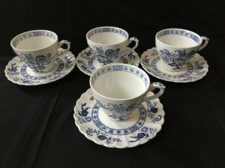 Vintage J.  & G.  Meakin England 4 Nordic Blue Onion Tea Cups And Saucers