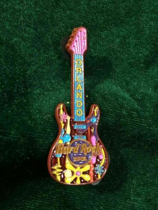 Hard Rock Cafe Pin Orlando Hotel Bright Pink & Blue Guitar W Yellow Flower