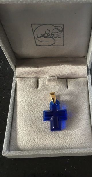 Lalique Cobalt Blue Crystal Cross Pendant 3cm