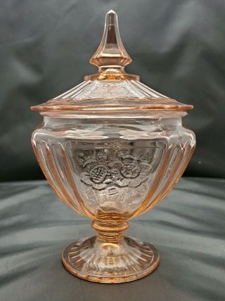Vtg Anchor Hocking Pink Mayfair Open Rose Depression Glass Candy Dish With Lid