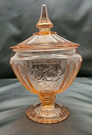 VTG Anchor Hocking Pink Mayfair Open Rose Depression Glass Candy Dish With Lid 2