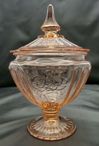 VTG Anchor Hocking Pink Mayfair Open Rose Depression Glass Candy Dish With Lid 4
