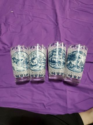 4 Vintage Currier and Ives White/Blue Tumblers 2