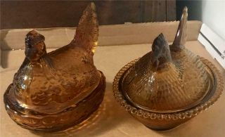 2 Vintage Amber / Brown Glass Hens On Nest - 7 " Long