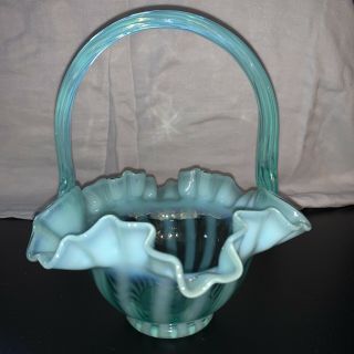 Vintage Fenton Teal/blue Glass Basket W/ruffled Edge 7” Tall X 6” Wide