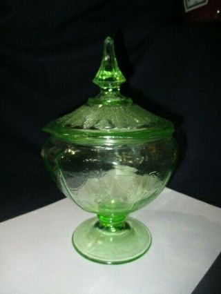 Princess Green Depression Glass Candy Jar Dish Or Bathroom Decor Cotton Balls