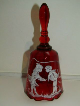 Fenton Art Glass Ruby Red Hand Painted Mary Gregory Courting Couple Bell