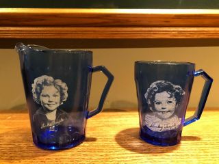Vintage Shirley Temple Bowl,  Pitcher And Cup - Cobalt Blue Hazel Atlas Glass