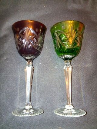 Set 2 Colored Bohemian Cut To Clear Glass Crystal Wine Goblet Stem Nr