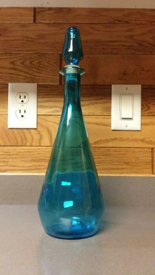 Vintage Mid Century Blue Glass Decanter Genie Bottle 13 1/2 " Tall