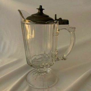 Antique Vintage Glass Syrup Pitcher With Metal Top