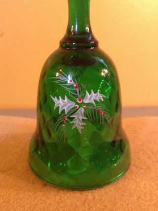Vintage Fenton Glass Bell - Hand Painted Emerald Green Christmas Holly Berries