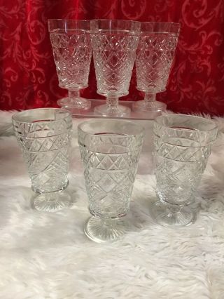 6 Vintage Clear Pressed Glass Footed Water Goblet Diamond Pattern 5.  75” Tall