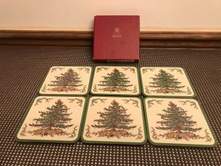 Spode Christmas Tree Set Of 6 Cork Back Coasters 4 1/4 " X 4 1/4 "