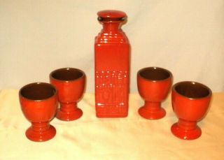 Vintage Frankoma Pottery Decanter Bottle 4 Cups Orange Red Aztec Western Modern