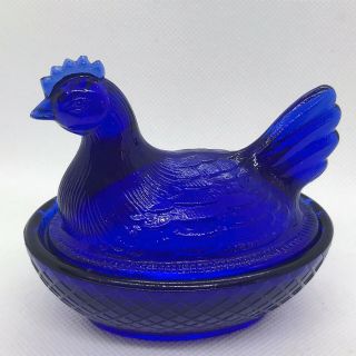 Blue Glass Hen Chicken On Nest Basket Covered Candy Dish Rooster Cobalt