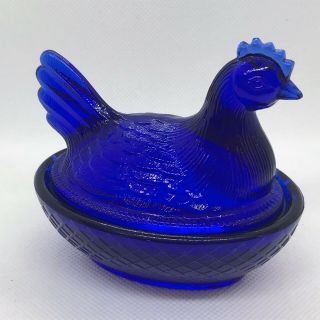 Blue Glass Hen Chicken on Nest Basket Covered Candy Dish Rooster Cobalt 3
