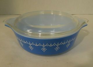 Vintage Pyrex Oval Snowflake Garland Blue Casserole Dish 471 1 Pint W/ Lid