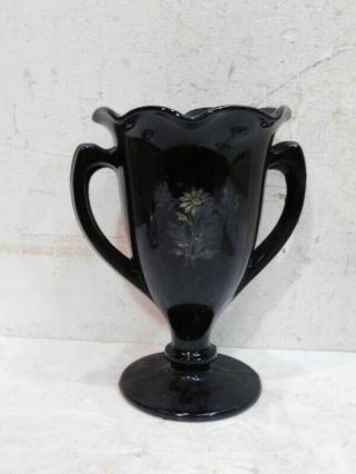 Vintage Large Black Purple Amethyst Glass Trophy Urn Vase Silver Flower 8 " Goth