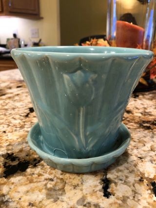 Mccoy Pottery Tulip Flower Pot Aqua 6 In Wide No Issues