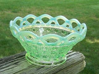 Imperial Buttons & Cane Green Vaseline Opalescent Glass Open Lace Edge Bowl
