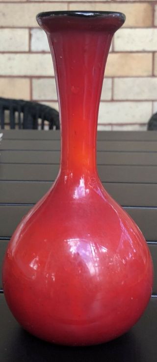 Vintage Hand Blown Red Black White Cased Art Glass Rim Vase