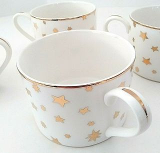 Set Of 4 Sakura Galaxy Coffee Mugs Tea Cups White Fine Porcelain 14k Gold Stars