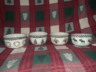 Folk Craft Holiday Pines Soup Bowls Set Of 4 Tieshen Green Sponge Pattern