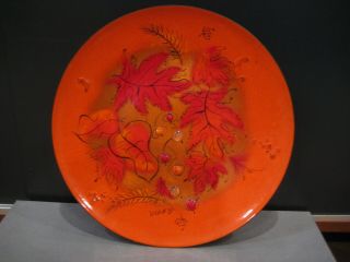 Sascha Brastoff Copper Orange Enamel Wall Plate With Fall Leaves 11 - 3/4 "