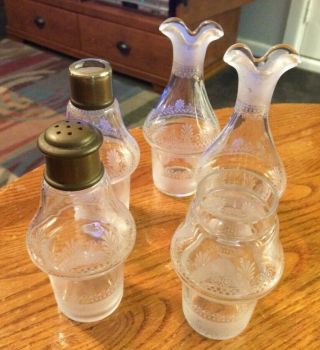 Five Antique Castor Set Cruet Bottles Clear Glass Etched Designs