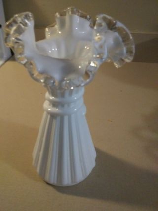 Vintage 8 " White Milk Glass Ruffle Edge Flower Vase Unsigned