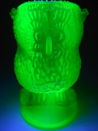 Green Vaseline glass OWL Toothpick holder Bird uranium canary yellow screech art 2