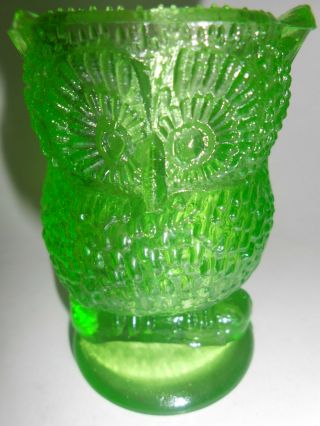 Green Vaseline glass OWL Toothpick holder Bird uranium canary yellow screech art 4