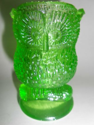 Green Vaseline glass OWL Toothpick holder Bird uranium canary yellow screech art 5
