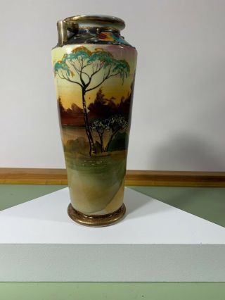 ANTIQUE NIPPON MORIAGE HANDLED VASE.  HAND PAINTED,  RARE 2