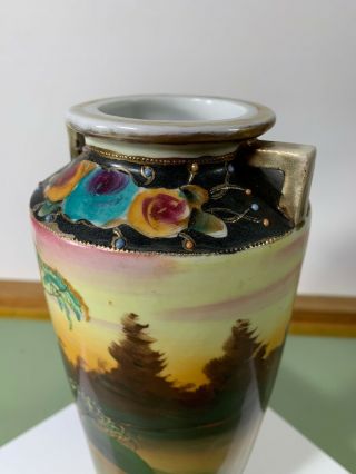 ANTIQUE NIPPON MORIAGE HANDLED VASE.  HAND PAINTED,  RARE 3