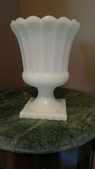 Vintage Anchor Hocking White Rippled Milk Glass Pedestal Vase Very Good Conditio