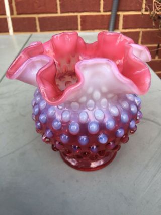 Vintage Fenton Cranberry Hobnail Ruffled Edge Opalescent Vase - Pre Logo Lovely