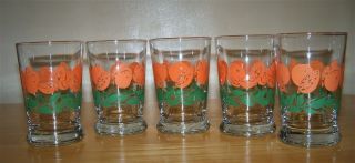 Vintage Juice Glasses - Oranges And Leaves - Set Of 5 - 6oz Size - 1950 