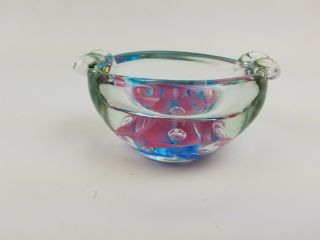 Joe St Clair Art Glass Paperweight Ashtray Pink Flowers With Blue White Details