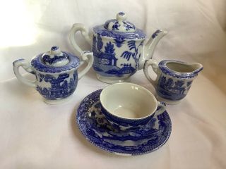 Childs Blue Willow Occupied Japan Teapot Sugar Creamer Cup Saucer